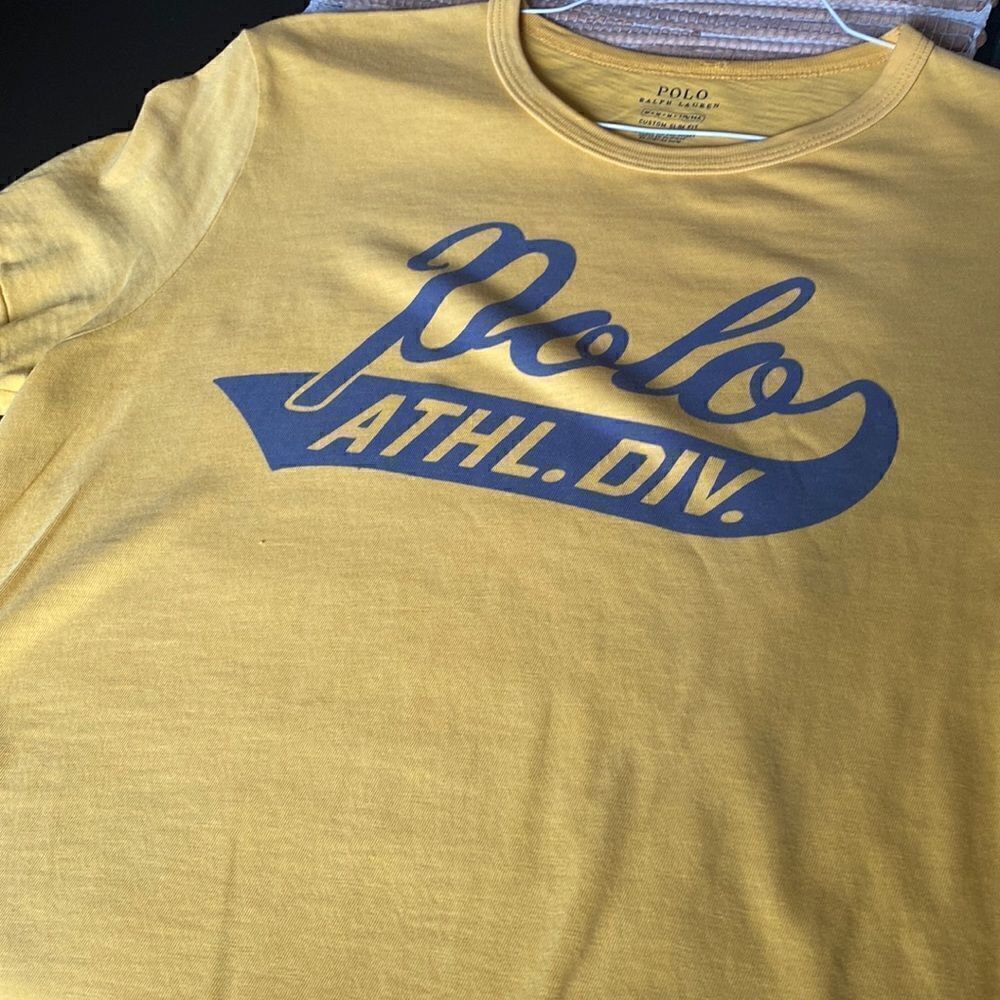 EUC RL Polo yellow gold tee with blue logo size M slim fit